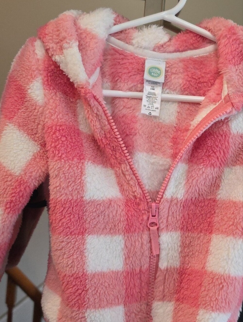 Little Me Pink and White Check Plush Hoodie